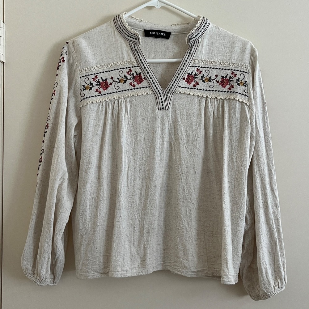 Solitaire Women Embroidered Linen Blend Top Large Boho Hippie Peasant Relaxed